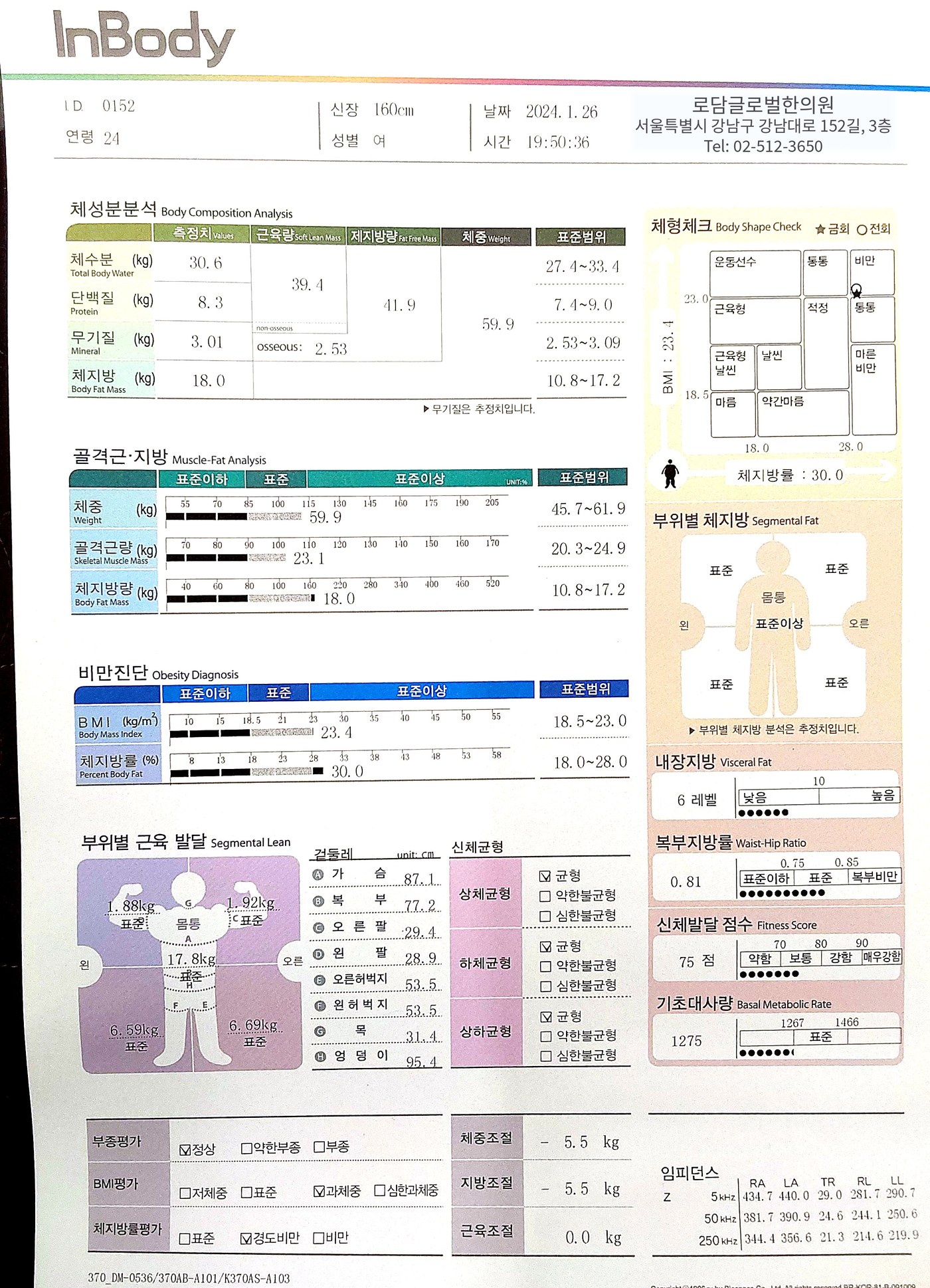 인바디 검사지 — 2024년 1월 26일 마지막 검사