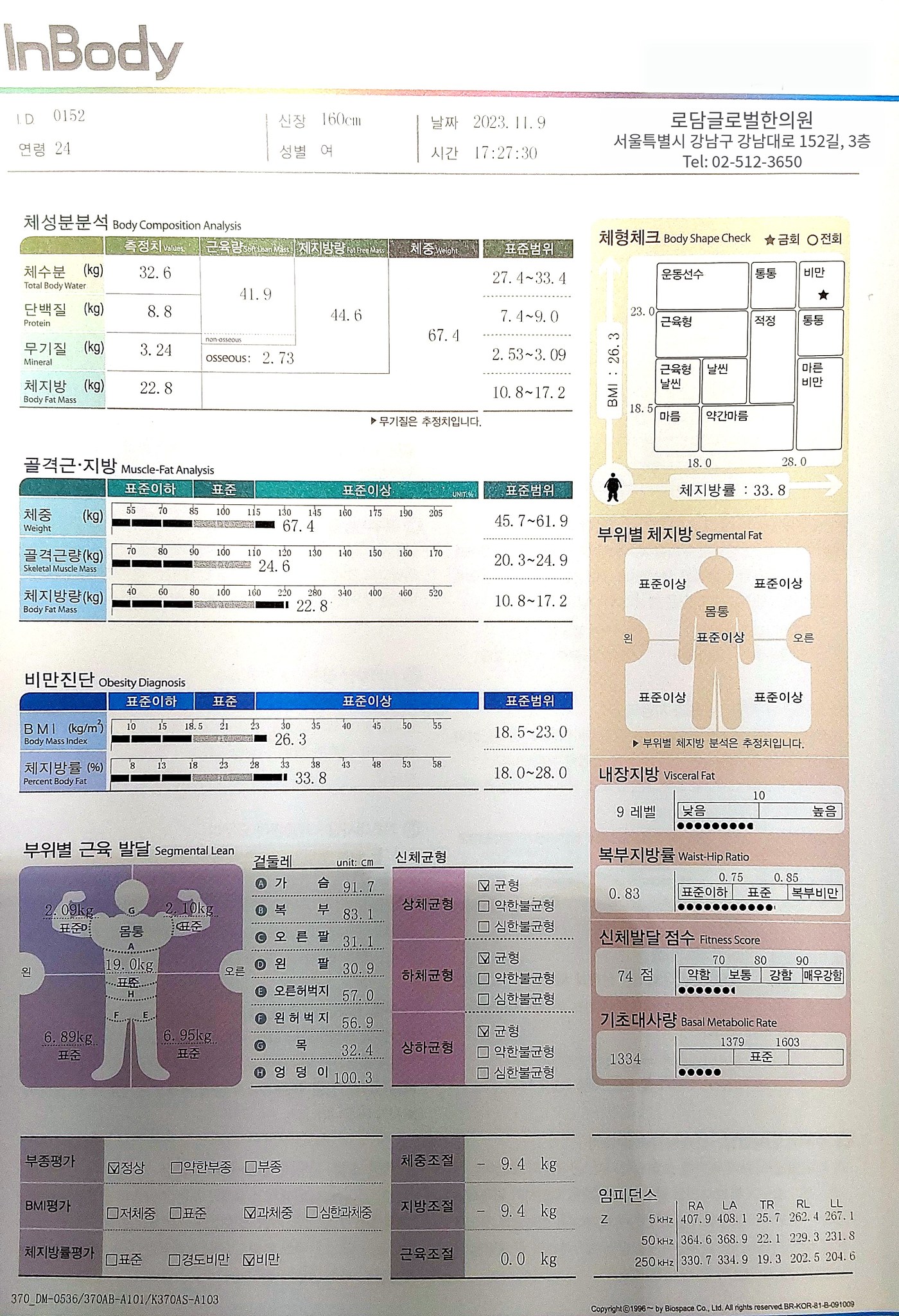 인바디 검사지 — 2023년 11월 9일 첫 검사